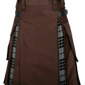Men's High Quality Utility Hybrid Kilt- Brown Cotton and Gray Tartan product photo