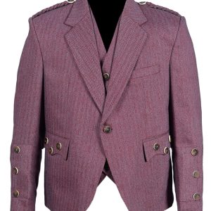 Bright Red/White Herringbone Tweed Braemar/Argyle Scottish Kilt Jacket & Vest product photo