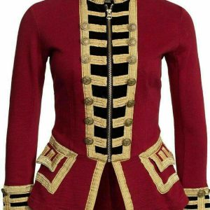 Womens Red Wool French Terry Officer's Military Band Jacket product photo