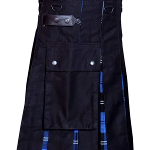 Men Hybrid Utility Kilt 100% Black Cotton with Ramsey Blue Tartan Custom Handmade product photo