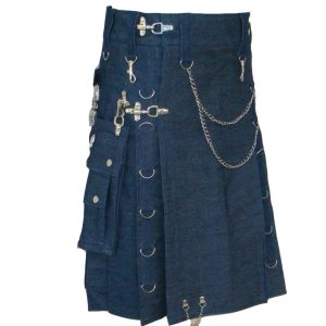 Modern Gothic Style Blue Denim Utility Detatchable Pocket New Kilts With Chains product photo