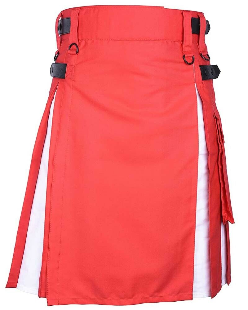 Scottish Fashion Utility Hybrid Kilts For Men Red Kilt White Pleats product photo Scottish Fashion Utility Hybrid Kilts For Men Red Kilt White Pleats product photo