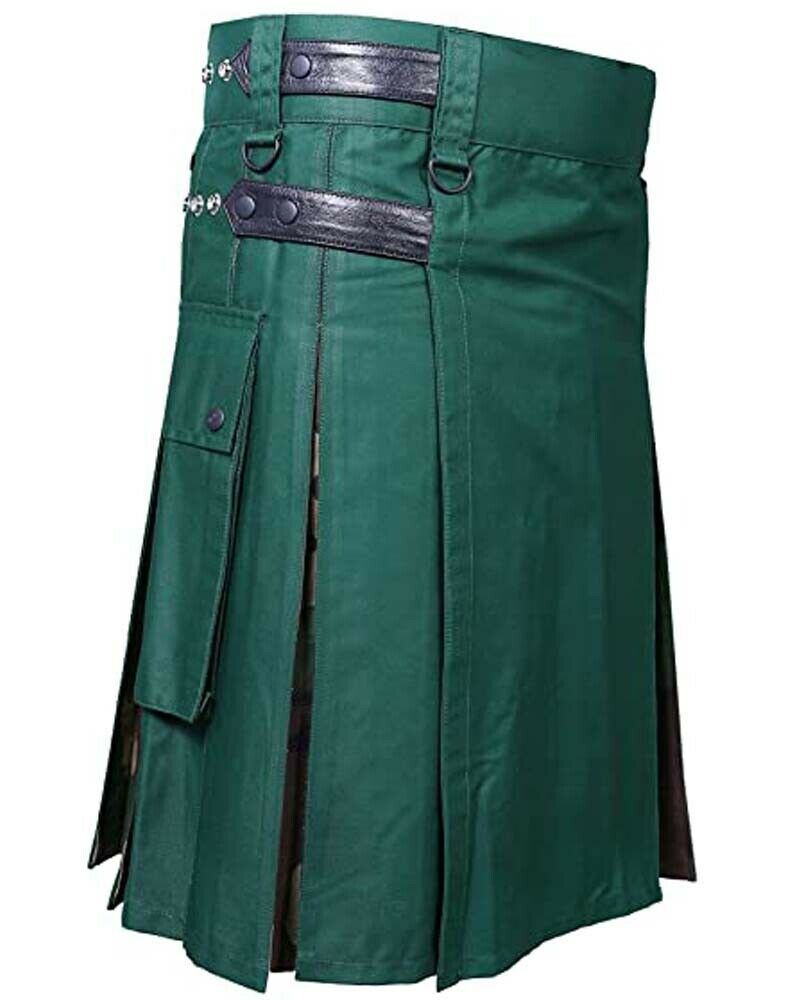 Scottish Men Leather Strap 100% Cotton Hybrid Kilt Green and Camo product photo Scottish Men Leather Strap 100% Cotton Hybrid Kilt Green and Camo product photo