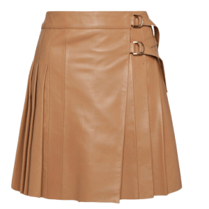 Camel Leather Pleated Buckle Kilt Skirt product photo