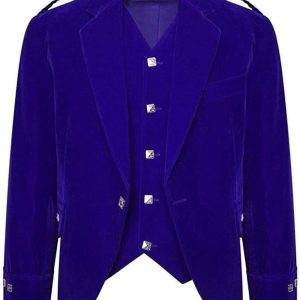 Men's Blue Color Velvet Scottish Highland Argyle Kilt Jacket & Waistcoat product photo