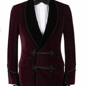 Men's Maroon Vintage Velvet Smoking Jacket with Shawl Collar Dinner Jacket product photo