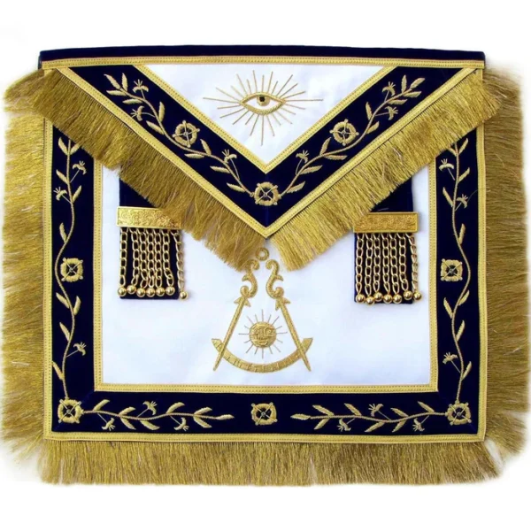 Past Master Blue Lodge Apron - Golden Vine Work & Fringe Tassels Hand Embroidery Past Master Blue Lodge Apron - Golden Vine Work & Fringe Tassels Hand Embroidery