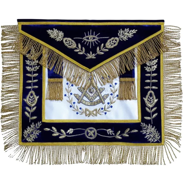 Past Master Blue Lodge Apron - Navy Blue Velvet with Side Tabs & Gold Fringe Great Past Master Blue Lodge Apron