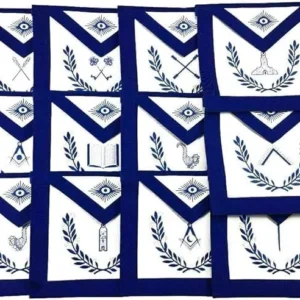 Masonic Blue Lodge Officers Apron Set - 12 Aprons with Blue Backing Chain Collar